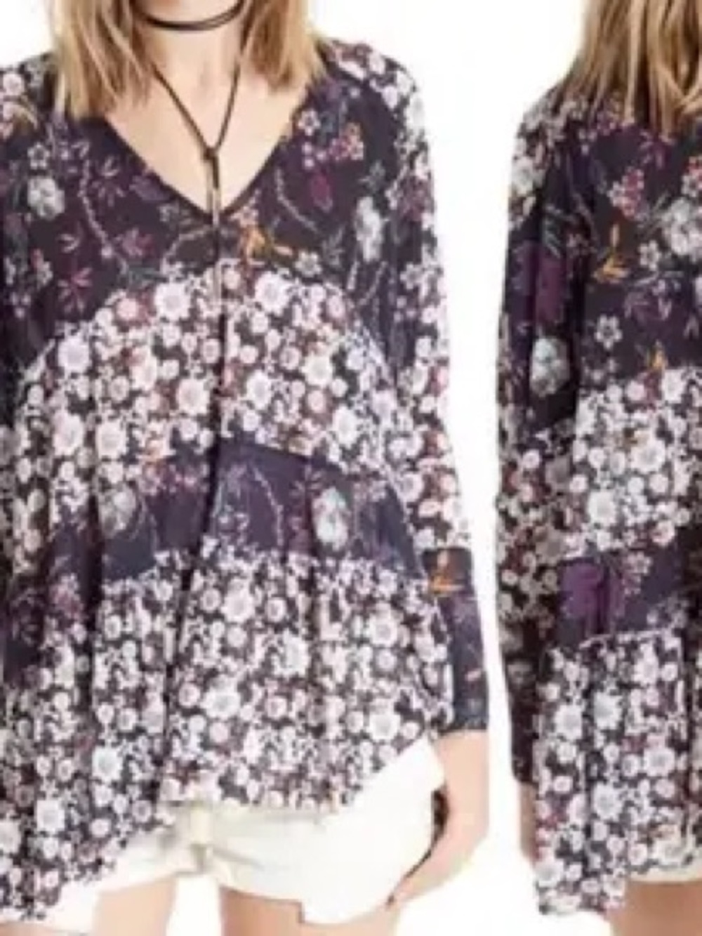 Free People Floral Tiered V-Neck Tunic - Plum & White